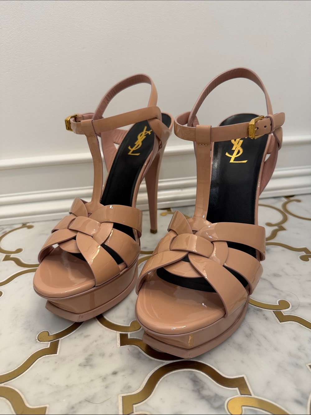 YSL Blush Patent Leather Tribute Platform Sandals